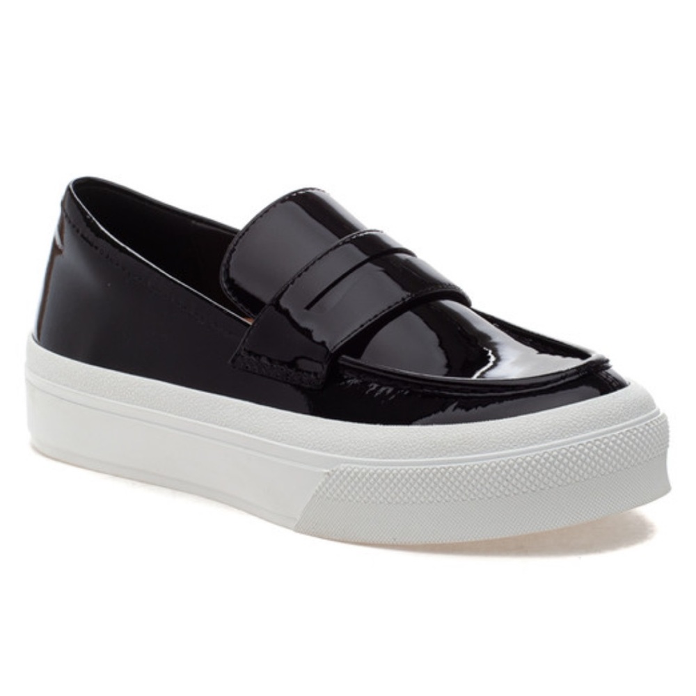 J/SLIDES Black Patent Leather Platform Penny Loafers size 6.5